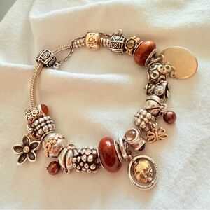 Pandora Silver & 14k Two Tone Brown Charm Bracelet with Wood and Diamond Beads